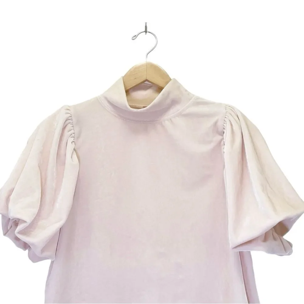 Free People Claudia Velvet Tee Puff Sleeve Mockneck Top Ballet Pink Size XS